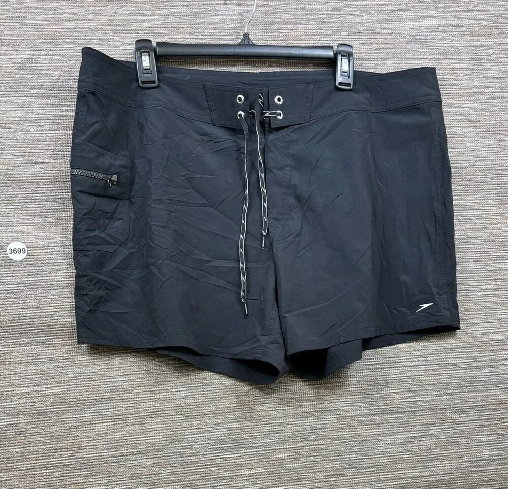 Speedo Board Shorts Mens XL Black Solid Drawstring Zipper Pocket Swim Trunks